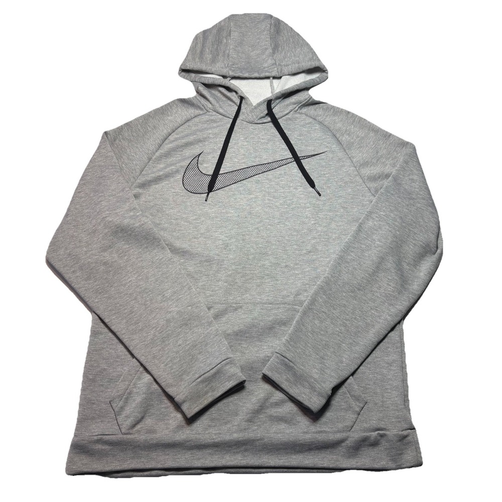 Nike Hoodie Men Large Gray Dri Fit Big Swoosh Pullover Sweatshirt Athletic